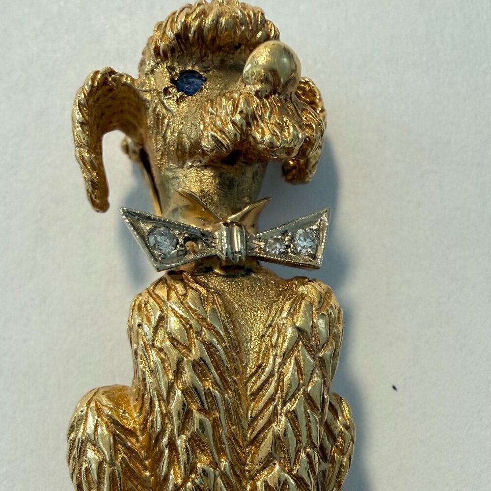 VINTAGE 14K YELLOW GOLD POODLE BROOCH PIN 14 GRAMS SAPPHIRE & DIAMONDS